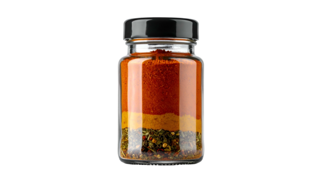 Glass jar layered with colorful spices, sealed with a black lid