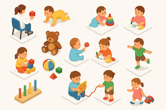 Playful children engaging in various activities and toys