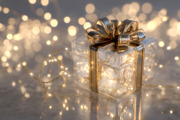 Elegant transparent gift box with golden ribbon and delicate fairy lights creates a magical, festive mood, perfect for holiday and celebratory designs
