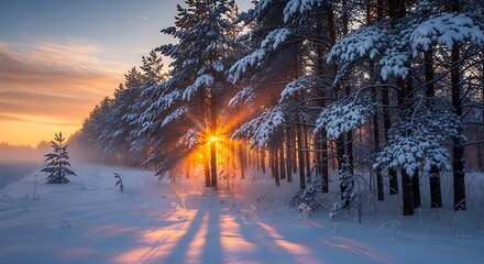 Winter forest landscape with snow covered trees and setting sun