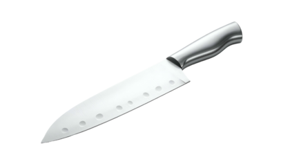 Shiny chef's knife with dimpled blade rests at an angle