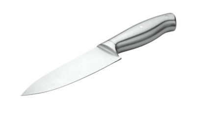 Silver chef's knife with handle, angled against dark background