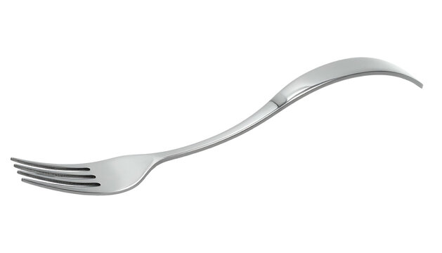 Silver fork curves elegantly against a stark black backdrop