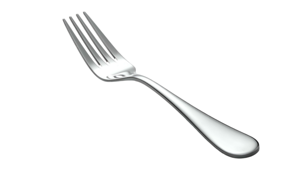 Sleek metal fork isolated, tines facing upward, angled