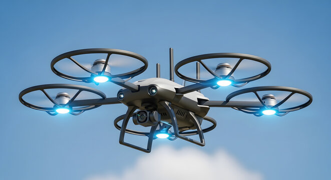A futuristic drone with glowing lights is flying in the bright blue sky on a sunny day outdoors