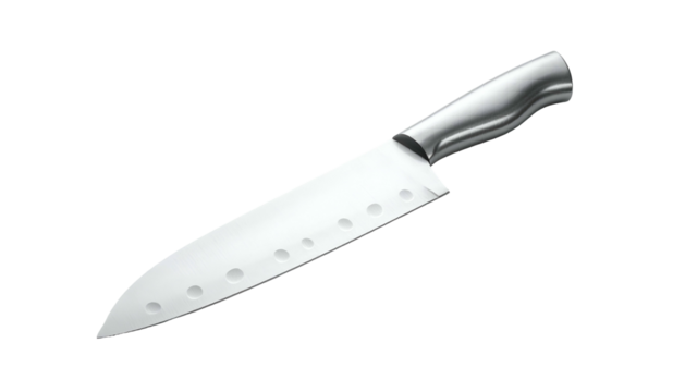 Shiny chef's knife with dimpled blade rests at an angle