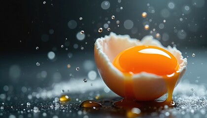 Golden egg yolk drips from broken white shell. Water droplets splash around raw ingredient. Close-up macro shot highlights freshness and liquid motion. Dark background.