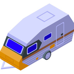 Isometric light purple caravan with blue windows and orange front detail on a transparent background symbolizing travel and adventure