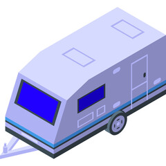 Isometric illustration of a white travel trailer with blue accents on a transparent background representing mobile living and adventure