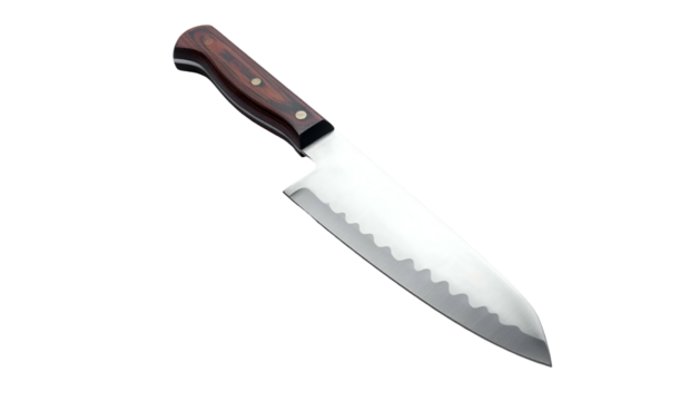 Kitchen knife with wood handle against a stark black background