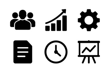Business icons: teamwork, growth, settings, document, clock, presentation