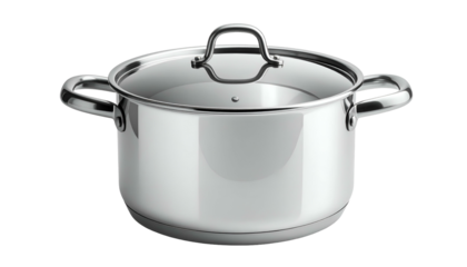 Shiny, lidded stainless steel stockpot with dual handles, on black