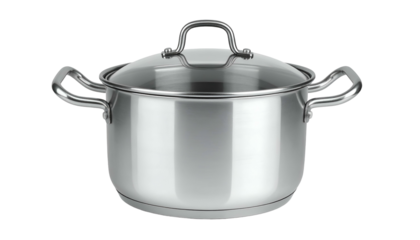 Polished metal stockpot with glass lid, isolated on black background