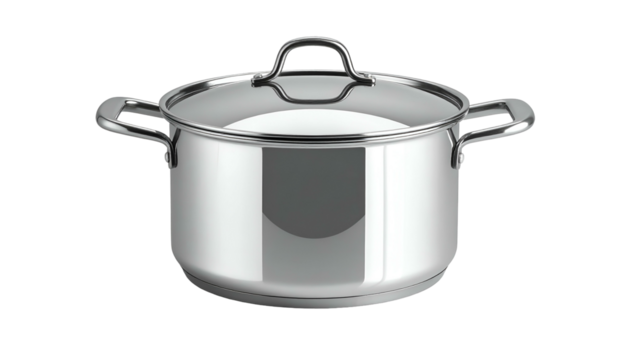 Shiny silver pot with glass lid isolated on black background