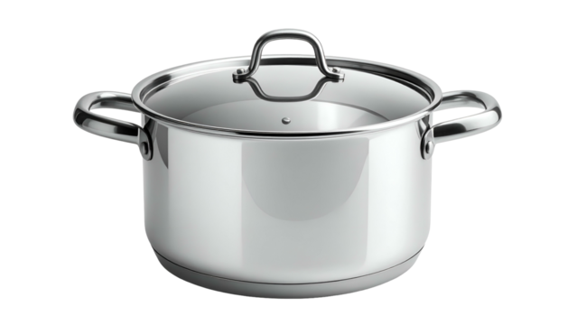 Shiny, lidded stainless steel stockpot with dual handles, on black