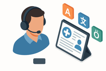 Isometric male customer support with language and medical interface icons