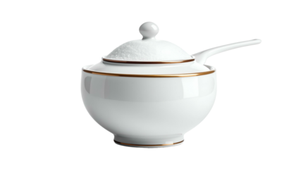 Elegant white bowl with lid and spoon, trimmed with gold