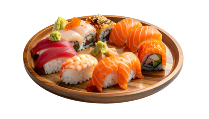 Sushi selection on wooden tray, vibrant fish, rice, & wasabi