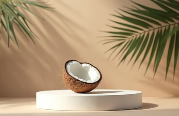 Half coconut fruit sits on white podium. Palm leaf shadow falls on beige background. Minimalist tropical product display for healthy food or beauty.