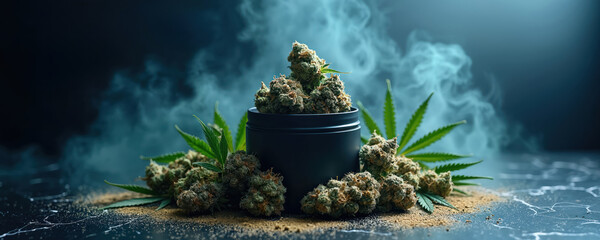 Close up view of cannabis buds stored in a dark container. Marijuana flowers and leaves are arranged artistically. Smoke drifts in the background creating a mystical atmosphere.