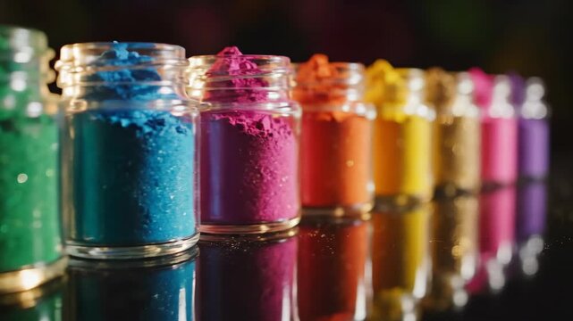 Vibrant Rainbow of Powdered Pigments in Glass Jars on a Reflective Surface.