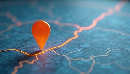 Orange pointer pin marks a location on blue map with roads. It shows navigation and destination pinpoint. Symbolizes travel planning route or journey. Perfect for marketing, design or advertising.