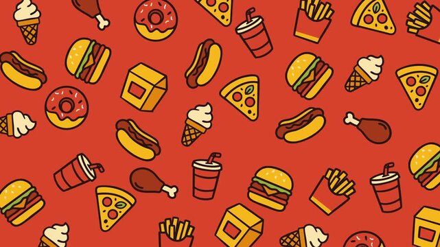 Animated seamless pattern featuring colorful doodles of burgers, pizza, fries, donuts, ice cream, drinks, hot dogs, and chicken on a bright orange background. Perfect for food, cafe, or snack-themed