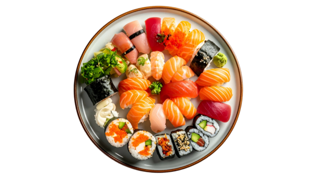 Varied sushi platter featuring nigiri, rolls, and garnishes