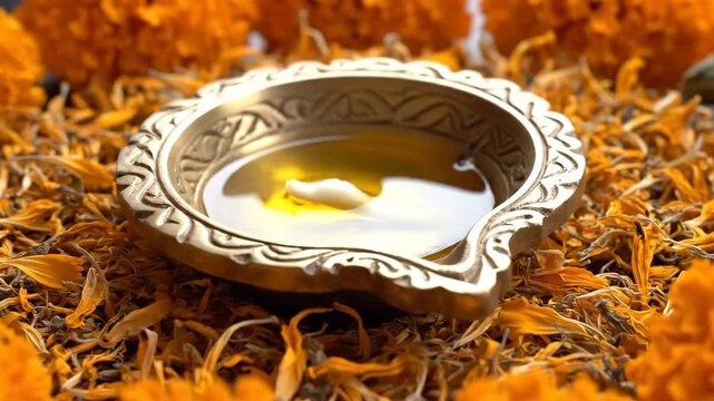 Sacred Traditional Brass Diya Oil Lamp on Orange Marigold Petals.