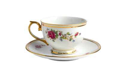 Ornate teacup and saucer set, floral pattern, golden handle and rim