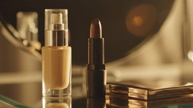 Closeup of Makeup Products with Foundation and Lipstick on Vanity Table