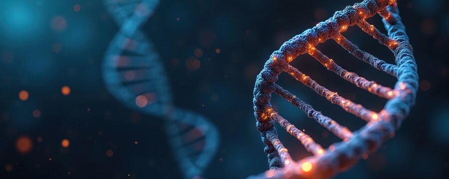 DNA structure shown as double helix. Science medical abstract concept. Genetic code study. Healthcare, biotech, pharma industry. Genome molecule background represents innovative medical engineering