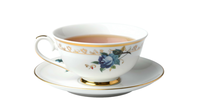 Tea in ornate white porcelain cup and saucer with floral design - Powered by Adobe