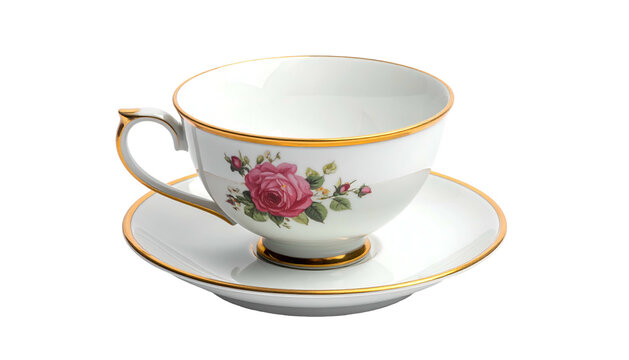 Elegant white teacup & saucer adorned with pink rose details