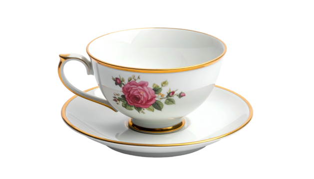 Elegant white teacup & saucer adorned with pink rose details
