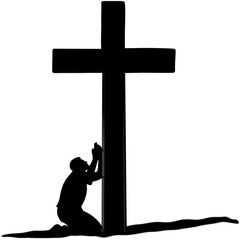 Silhouette of a Person Kneeling in Prayer Symbolizing Faith, Devotion, and Hope on a Black Background