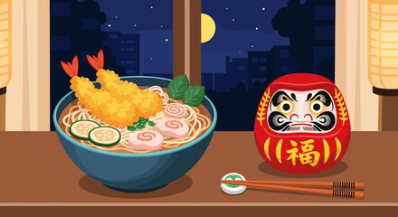 Noodles with Tempura, Daruma Doll, and Night City View Illustration © Avra