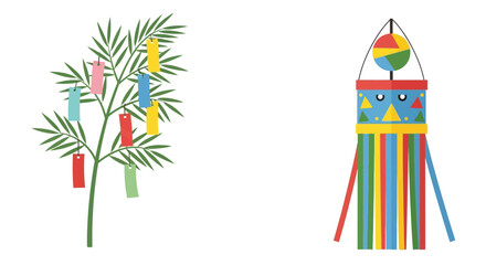 Naklejka premium Bright Cultural Festival Ornaments Illustrated Bamboo Branch Adorned with Colorful Wish Papers and a Playful Festive Streamer