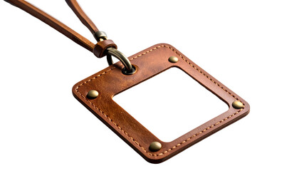 Leather tag with straps & metal accents on a black background