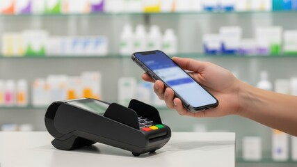 Smartphone near pos terminal for contactless nfc pay at drugstore counter, mobile wallet checkout in retail shop, cashless transaction.