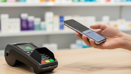 Contactless nfc payment with smartphone at retail checkout, hand taps to pay on pos terminal in pharmacy store, cashless purchase.