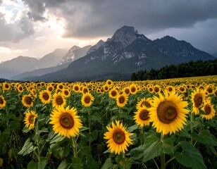A vibrant field of sunflowers blooms, framed by majestic mountains under a dramatic, overcast sky with a glimpse of sunlight