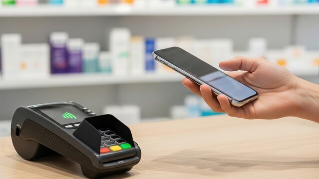 Contactless nfc payment with smartphone at retail checkout, hand taps to pay on pos terminal in pharmacy store, cashless purchase.