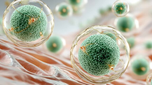 mint-green niacinamide microcapsules penetrating the stratum corneum lipid barrier, translucent skin cross-section