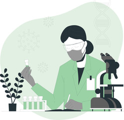 Scientist in protective gear examining virus samples and DNA helix with microscope laboratory research