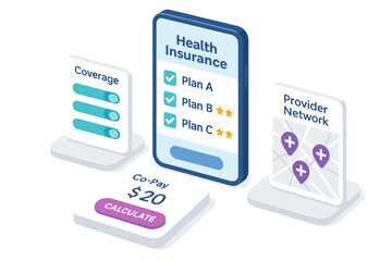 Health insurance options displayed with coverage, co-pay, and provider network details