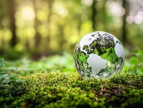 Glass Globe on Mossy Ground with Green Forest Background for Environmental Protection.