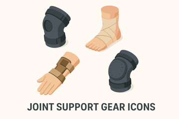 Set of joint support gear icons: knee brace, ankle wrap, wrist support