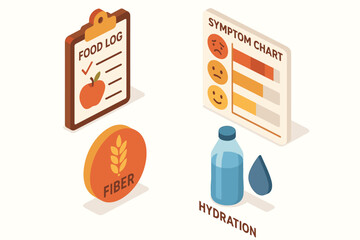 Diet planning: food log, symptom chart, fiber, hydration icons for health management