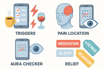 Migraine triggers, pain location, aura checker, and relief visual guide